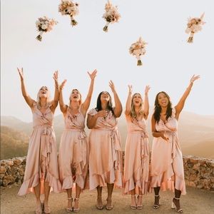 ASTR Wilshire Ruffle Wrap Satin Midi Dress in Pink - Size XS